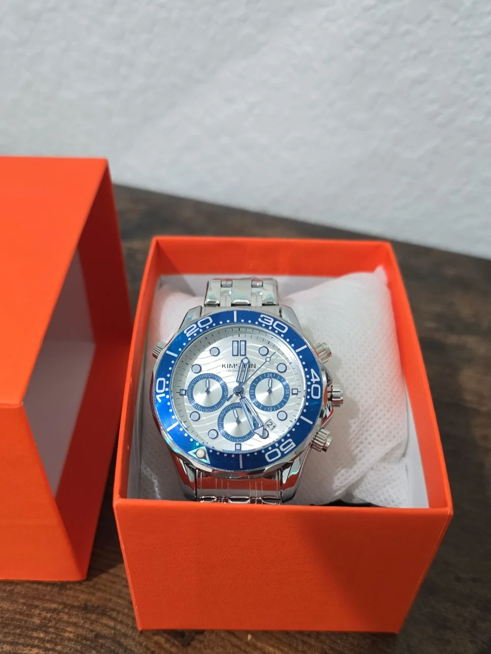 Men's Silver Watch with Blue Bezel